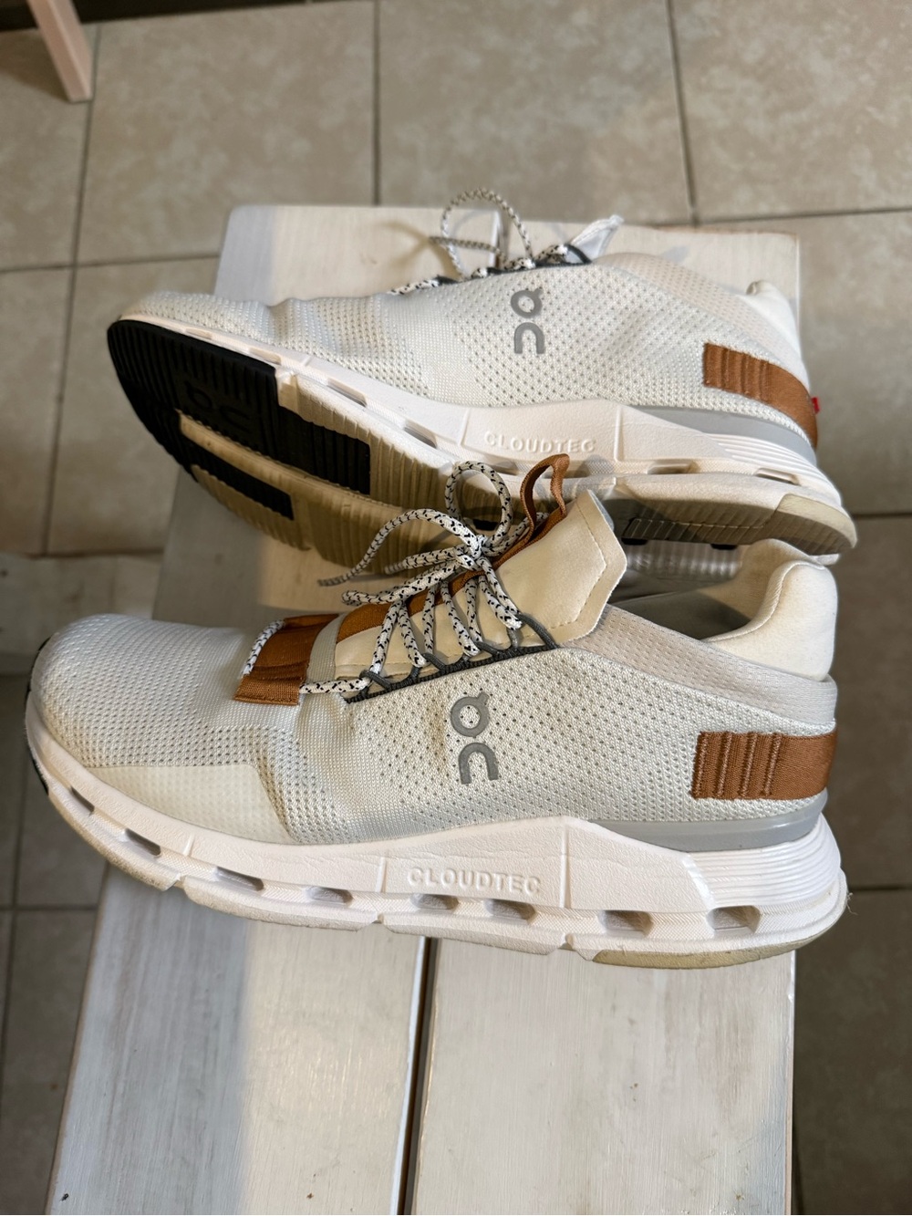 On Cloudnova White Pecan Brown Running Shoes Mens 8 CloudTec Sneakers